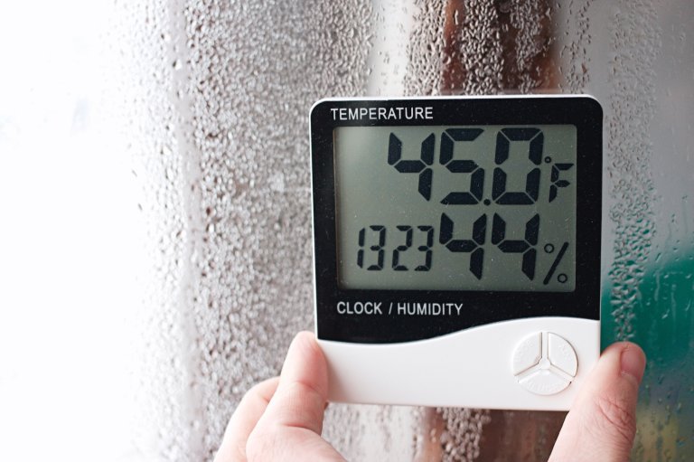 Hand holding a thermometer to measure temperature and humidity level in a home.