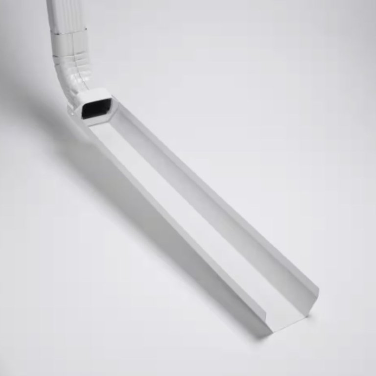 The Amerimax Dripper Flipper Downspout Extension attached to a gutter and shown on a white background