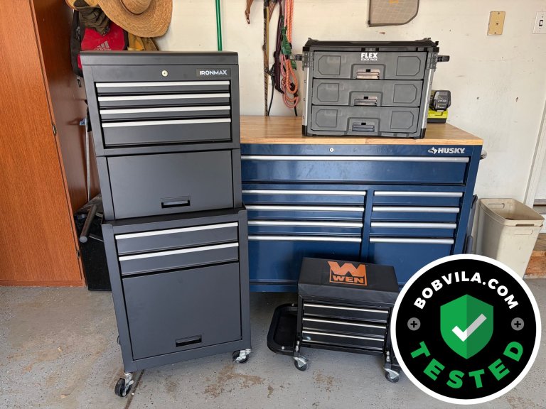A group of the best tool chests together in a garage before testing