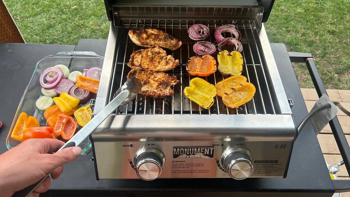 Chicken and veggie before and after with the Monument Grills G22 Stainless Tabletop Propane Grill