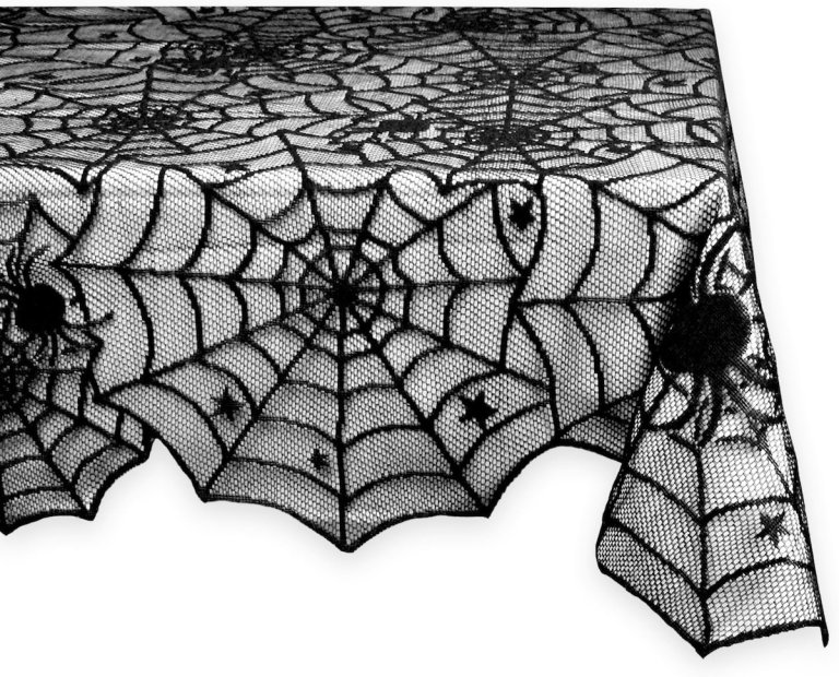 The DII Black Lace Spiderweb Tablecloth on a white background