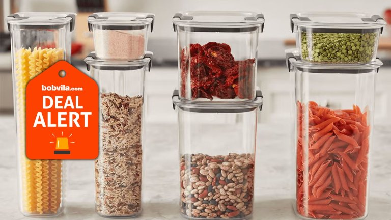 Discounted Rubbermaid Brilliance pantry organizers filled with dried goods on a counter.