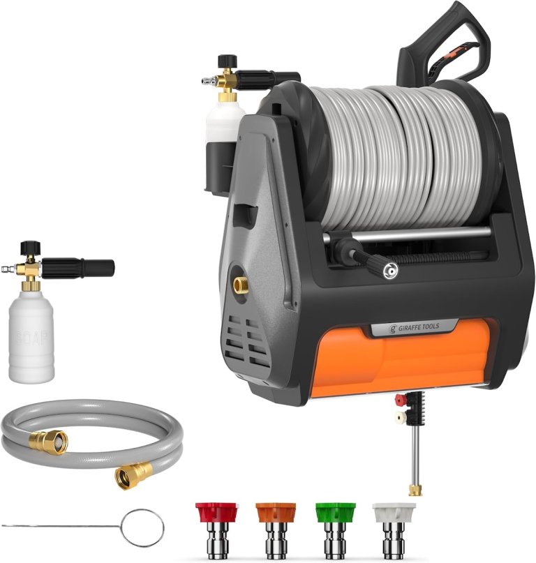 The Giraffe Tools Grandfalls Pro Pressure Washer with its accessories on a white background