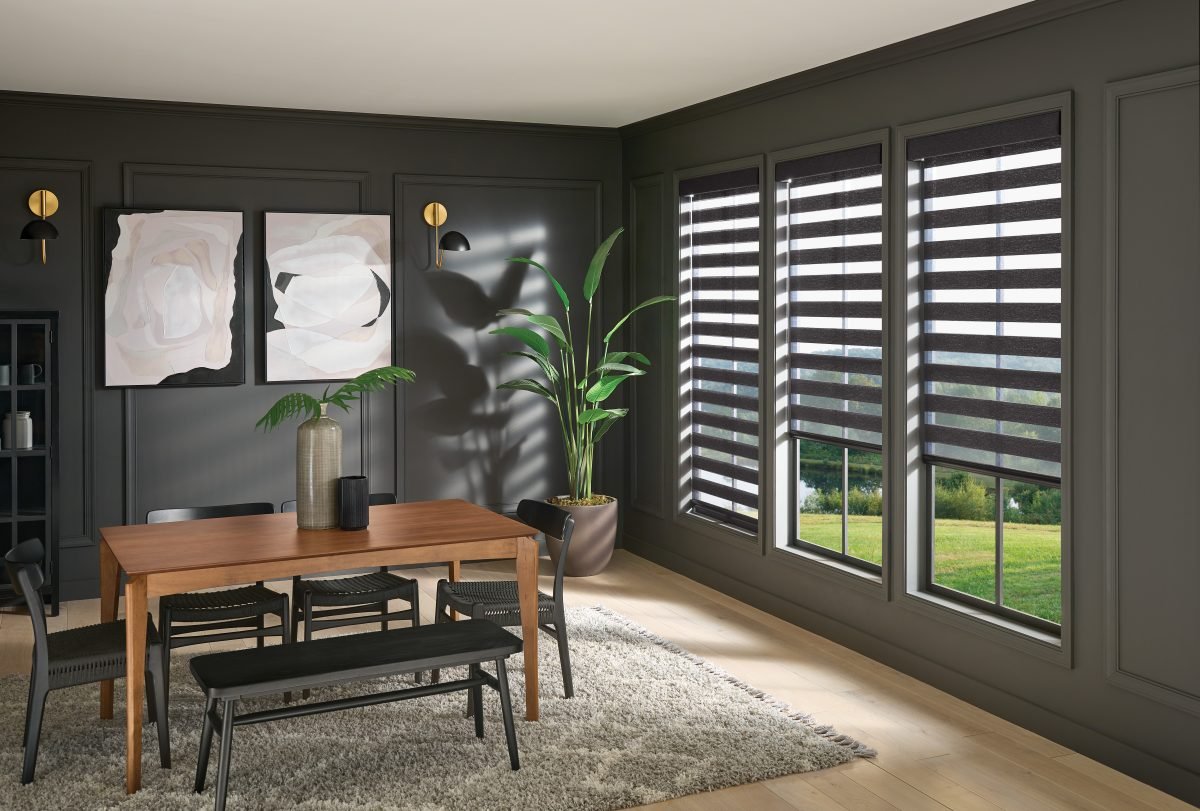 Home office with layered shades
