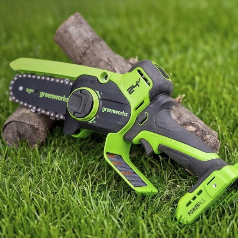 Greenworks 24V 4 in Mini Chainsaw, 2.0 Ah Battery and Charger