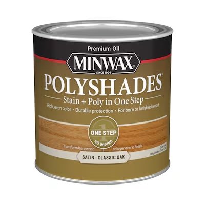 A can of Minwax Polyshades Stain & Polyurethane on a white background