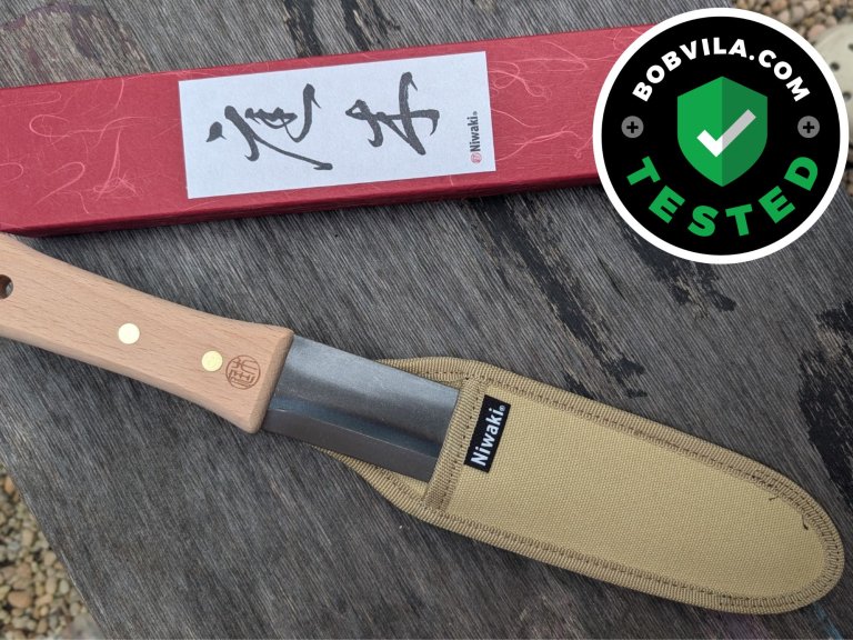 The Niwaki Hori Hori Knife on a table before testing
