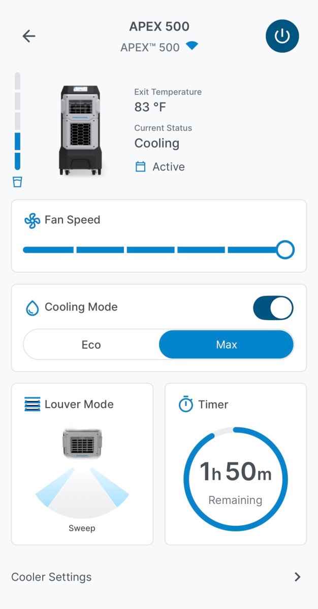 Screenshot of Portacool Apex 500 Wi-Fi Evaporative Air Cooler app