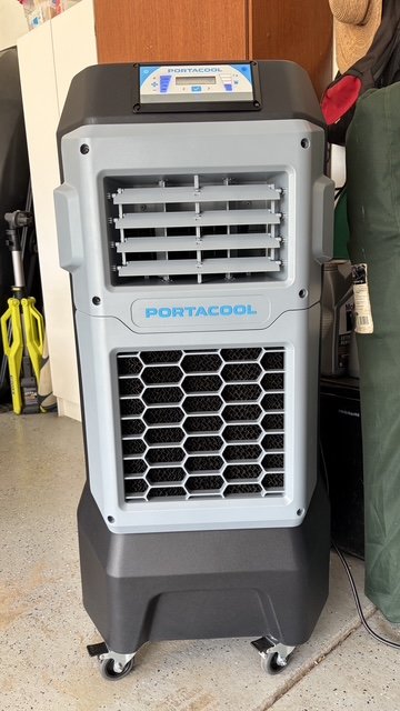 Portacool Apex 500 Wi-Fi Evaporative Air Cooler in a garage during testing