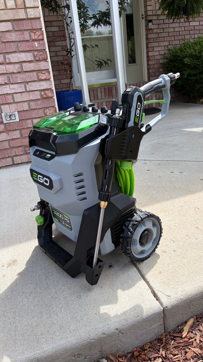 Side view of Ego Power+ HPW3204-2 Pressure Washer showing large wheels and wand storage