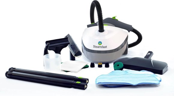 The Steamfast SF-370 Multipurpose Steam Cleaner and its accessories on white background