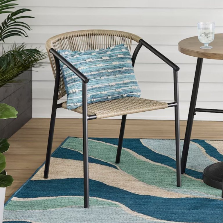 Style Selections Pelham Bay Wicker Stackable Matte black Steel Frame Stationary Dining Chair with Cream Woven Seat