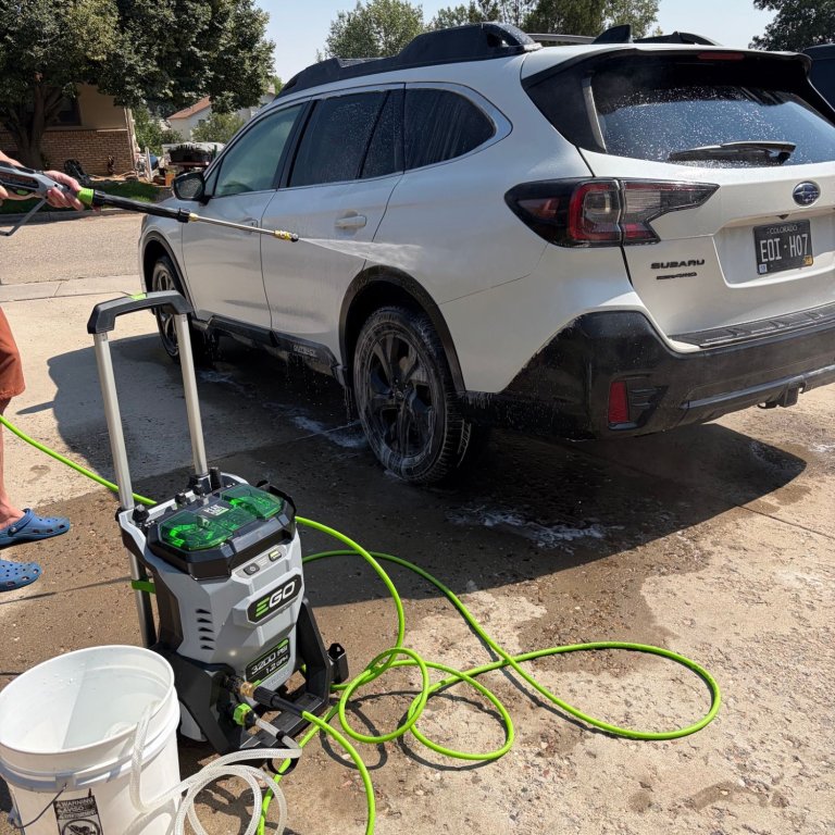 Using the Ego Power+ HPW3204-2 Pressure Washer to spray off a car
