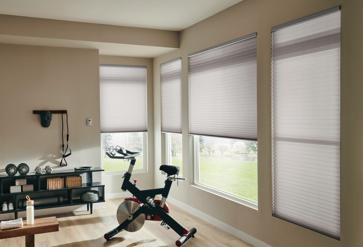 Home gym with cellular shades