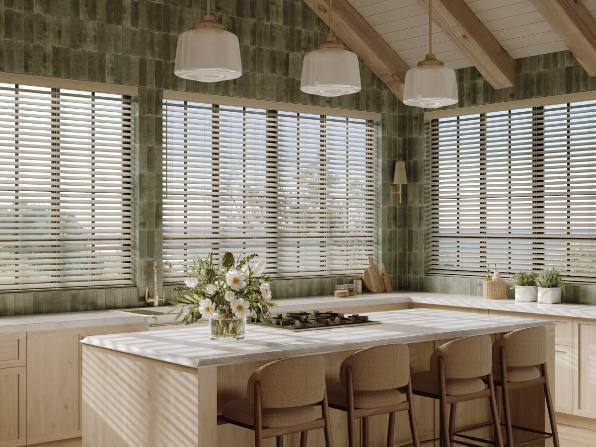 Tan kitchen with wood blinds