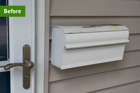 A before look of an old mailbox with peeling paint.
