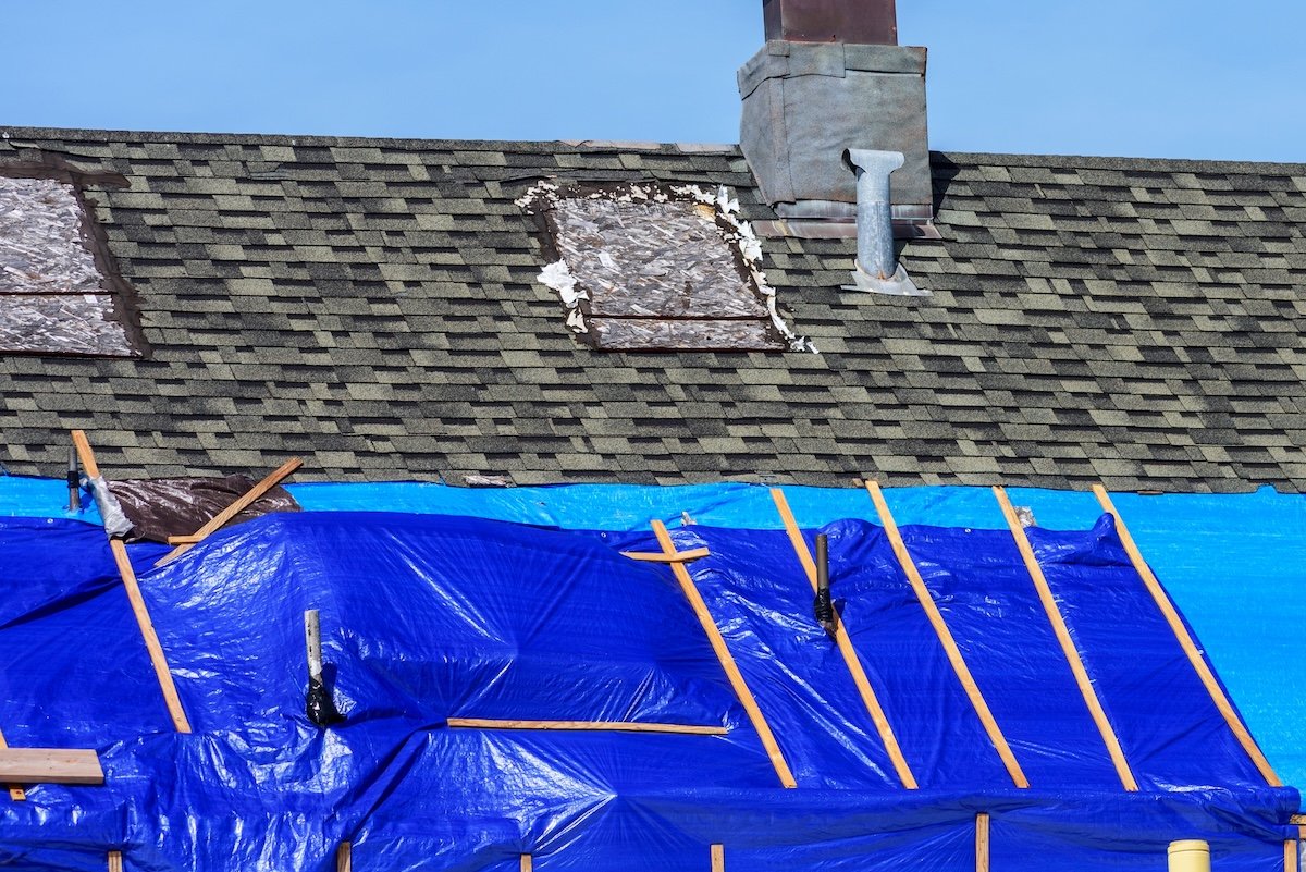 Roof with damaged shingles and blue tarp secured by wooden battens during repair.