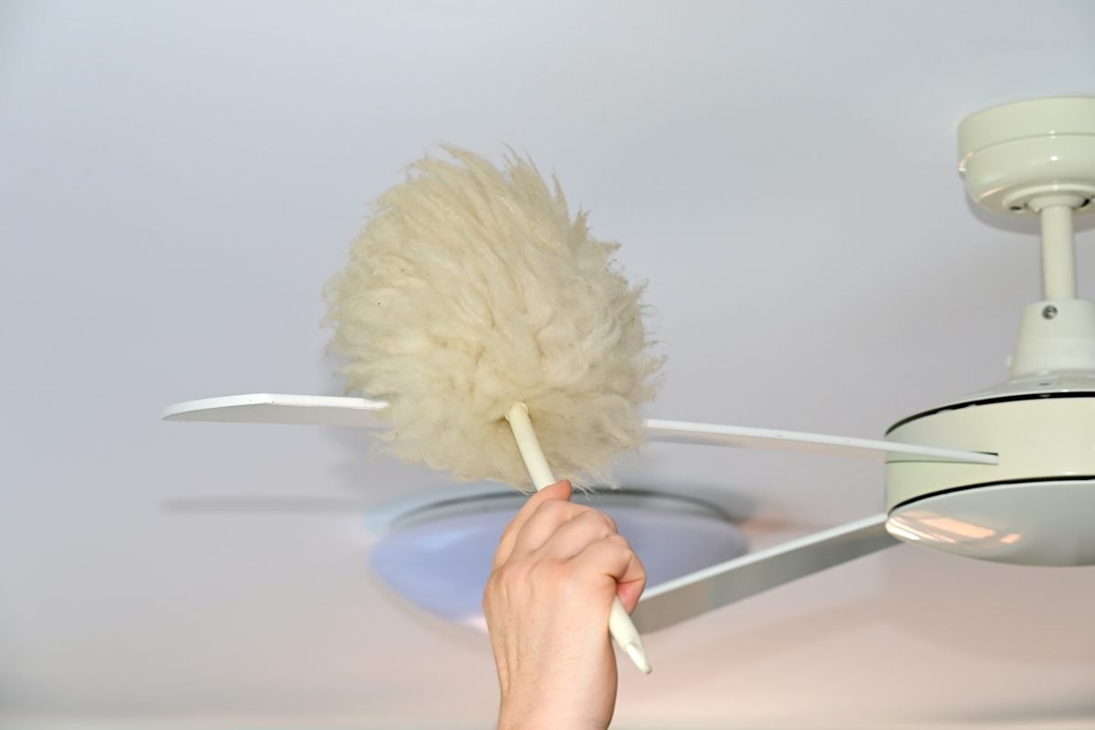 Person dusting a white ceiling fan.