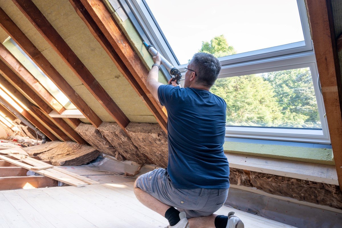 A homeowner is caulking around a new window in the attic before adding insulation.