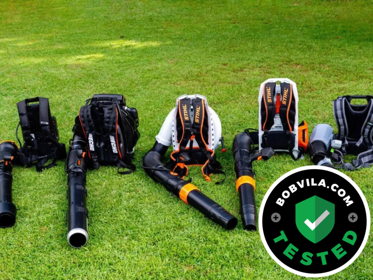 A group of the best backpack leaf blower options sitting together on green grass