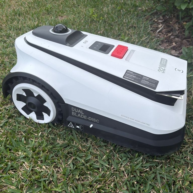 The Ecovacs Goat A3000 LiDAR Pro Robot Lawn Mower on a lawn during testing