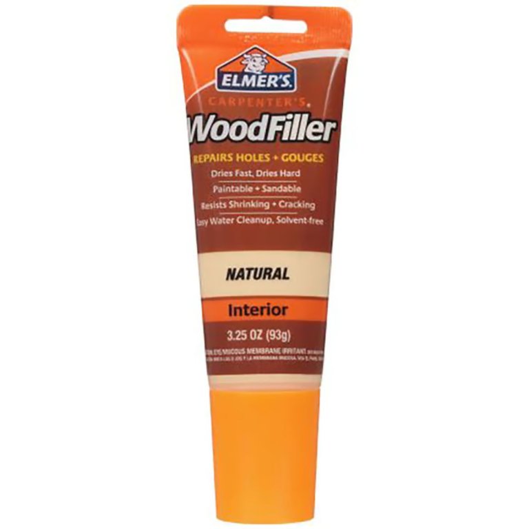 A tube of Elmer’s Carpenter’s Wood Filler on a white background