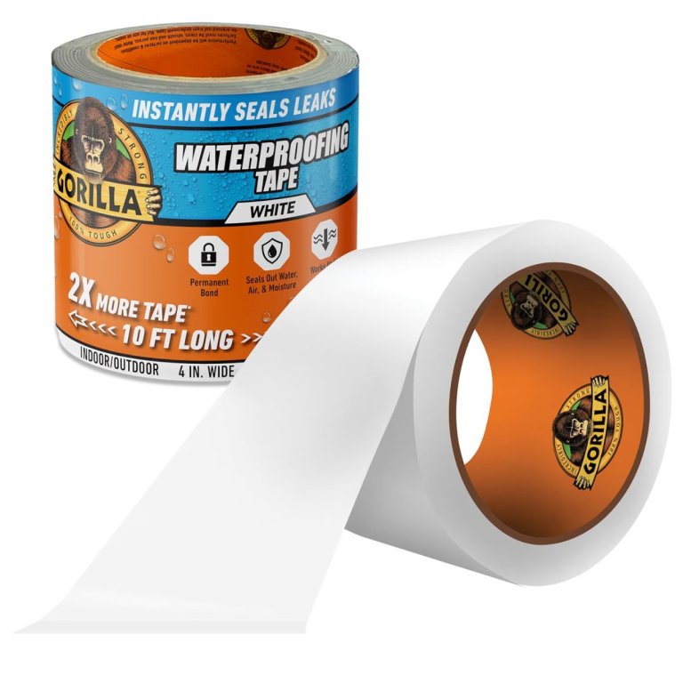 Rolls of Gorilla Waterproof Patch & Seal Tape on a white background, one in its packaging, one unrolling
