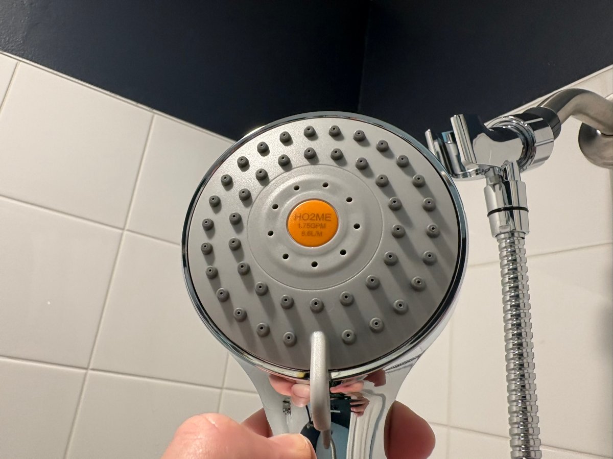H02ME High-Pressure Handheld Shower Head in the bathroom as an example of the best shower head for low pressure