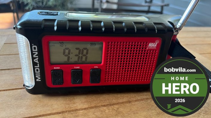 The Midland ER310 Pro Emergency Radio on an outdoor table during testing