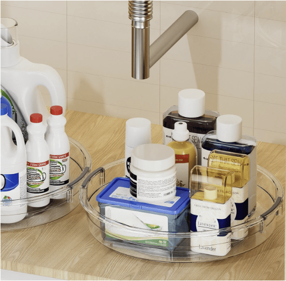 Lazy Susan under bathroom sink filled with organized items