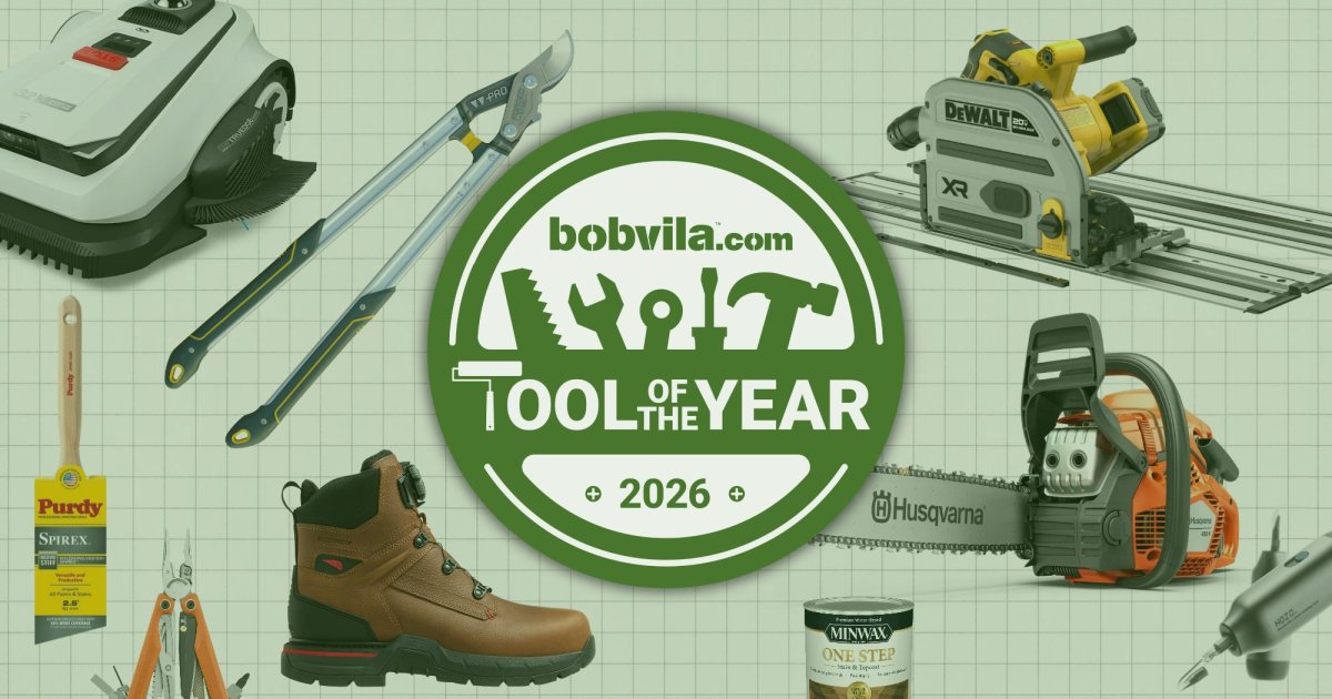 Several Tool of the Year 2026 Awards winners pictured with the awards seal, including ECOVACS, Stihl, DeWalt, Red Wing, Leatherman, Purdy, Woodland Tools, HOTO, and Minwax.