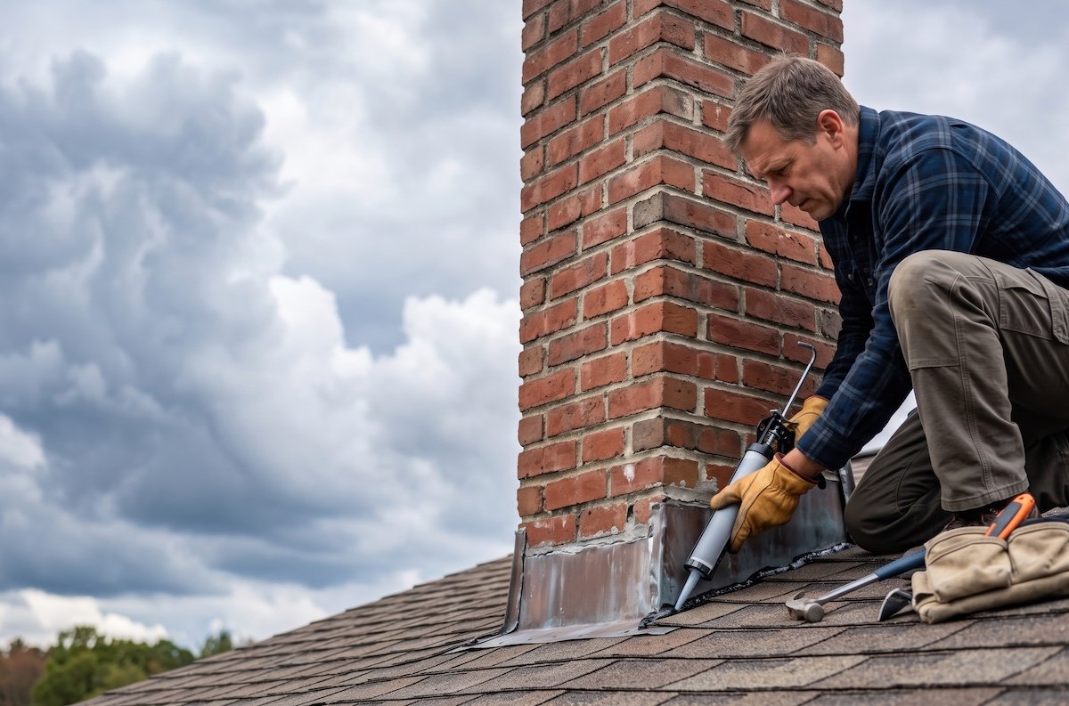 A man uses a caulk gun to repair the flashing around a brick chimney on a residential roof under a cloudy sky. copy space