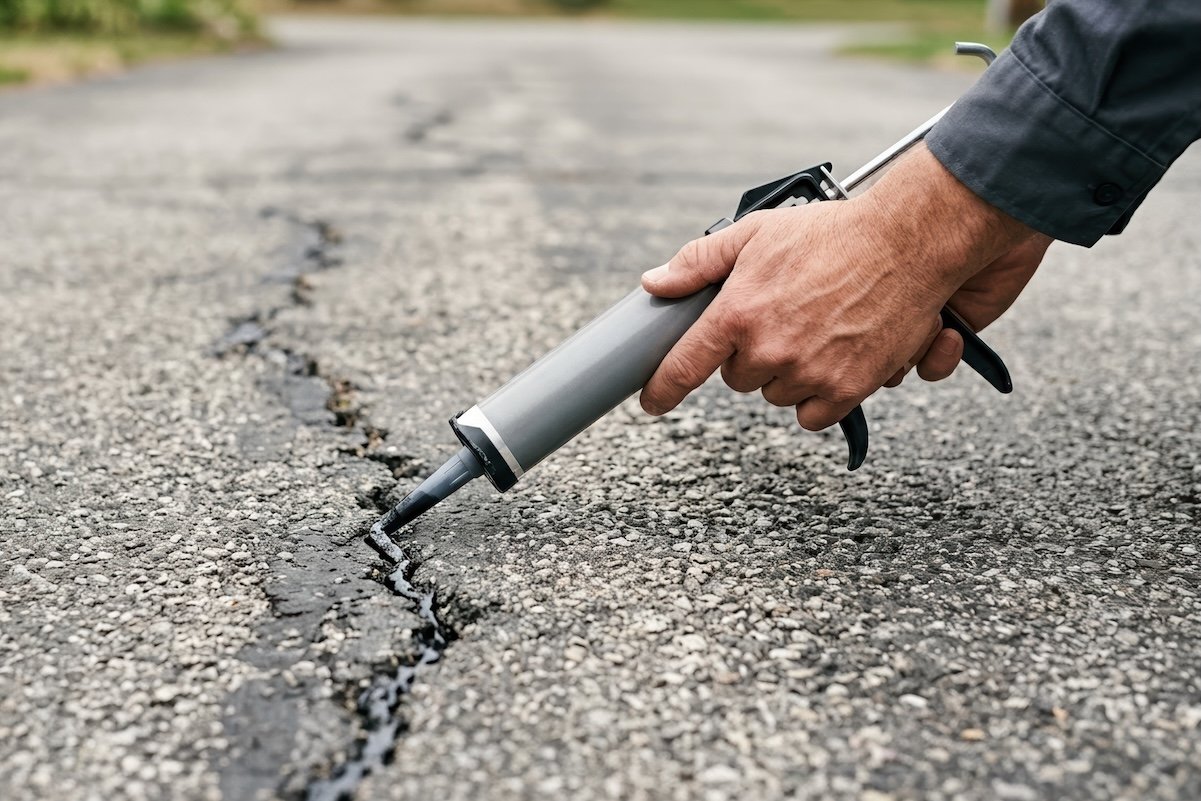 Person uses caulk to close a crack in an asphalt driveway.