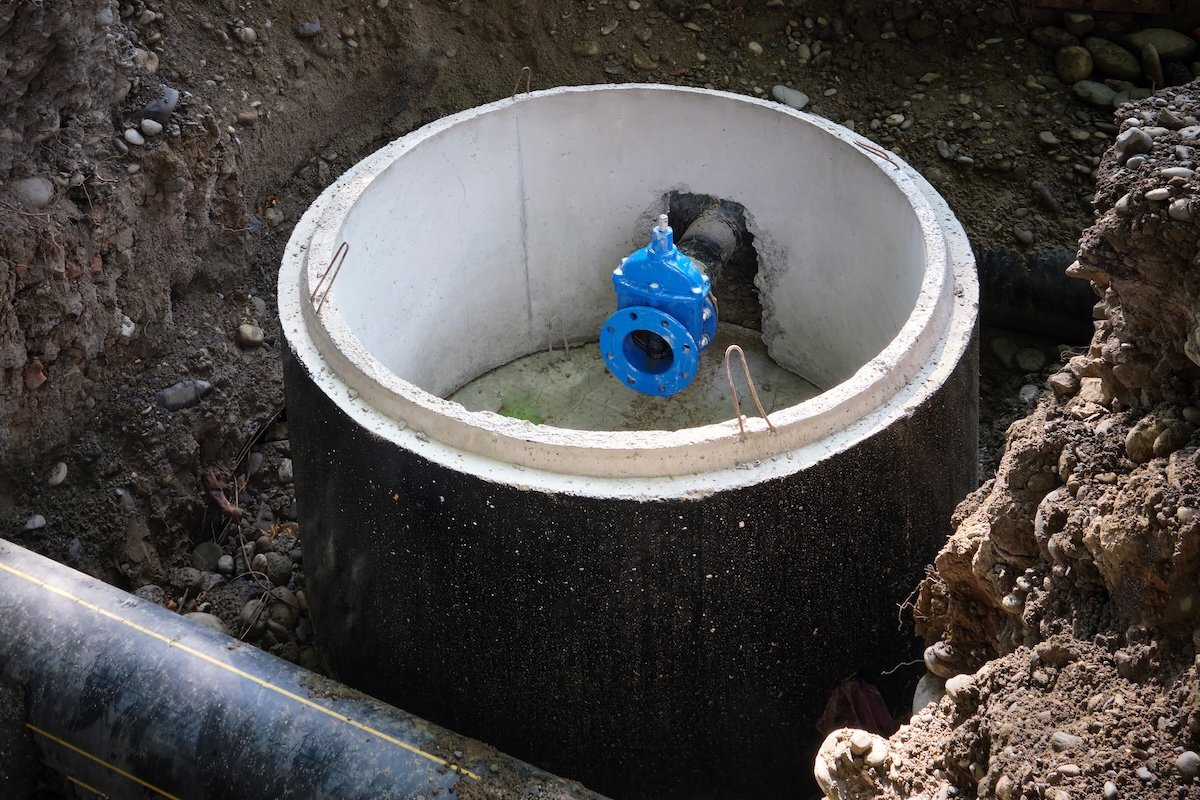 A cement, reinforced dry well in a dug-out pit.