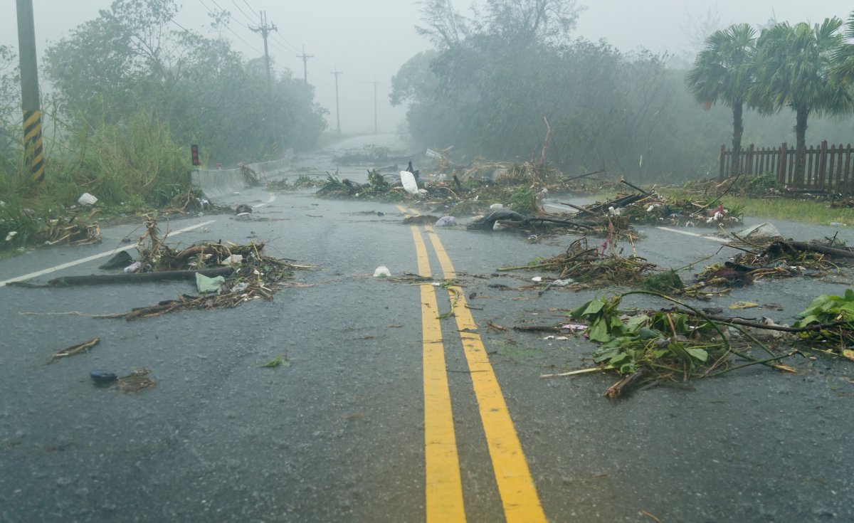 Debris blocking road during a typhoon.