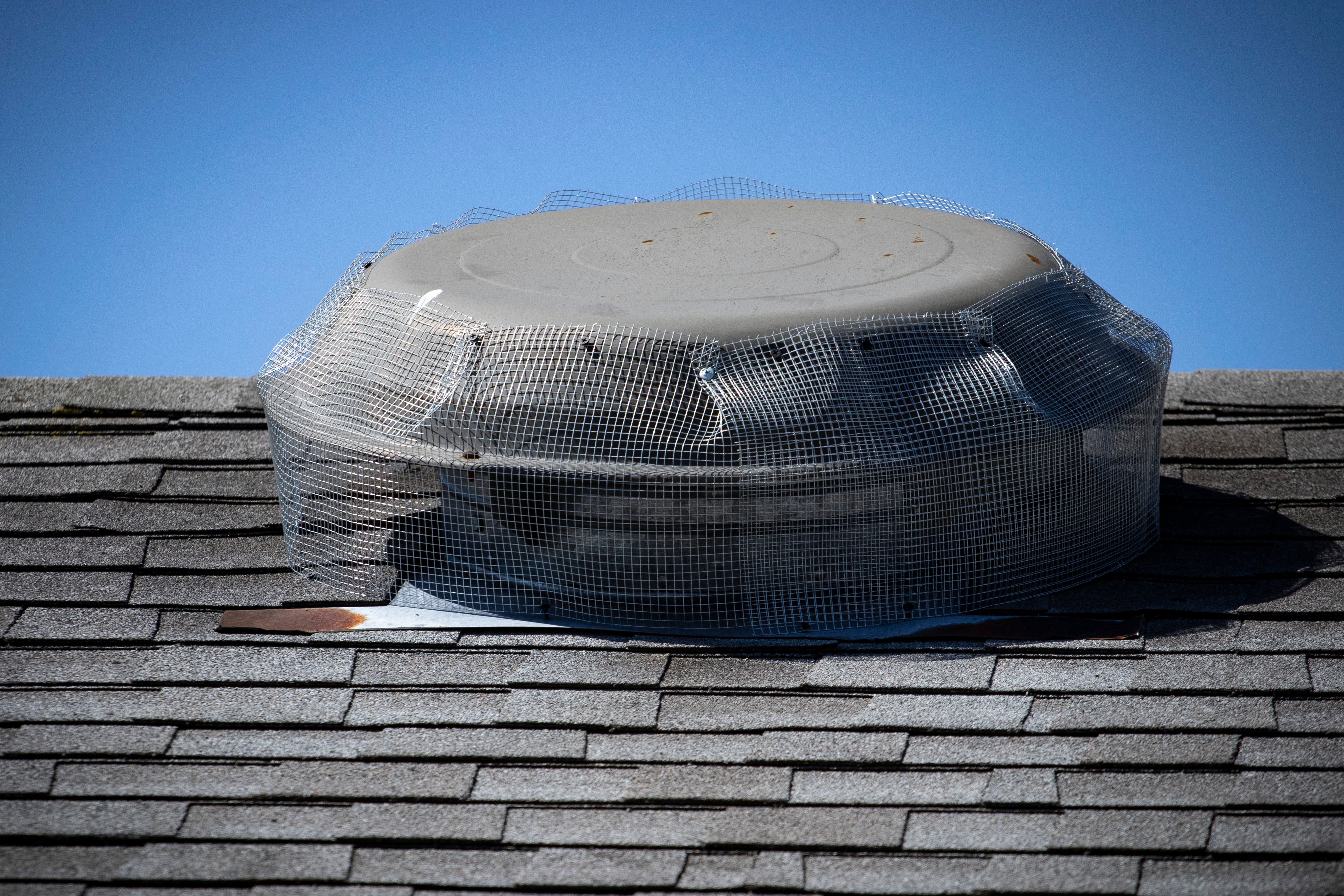 Wire mesh installed on roof top attic fan to prevent rodent entry to home/attic.
