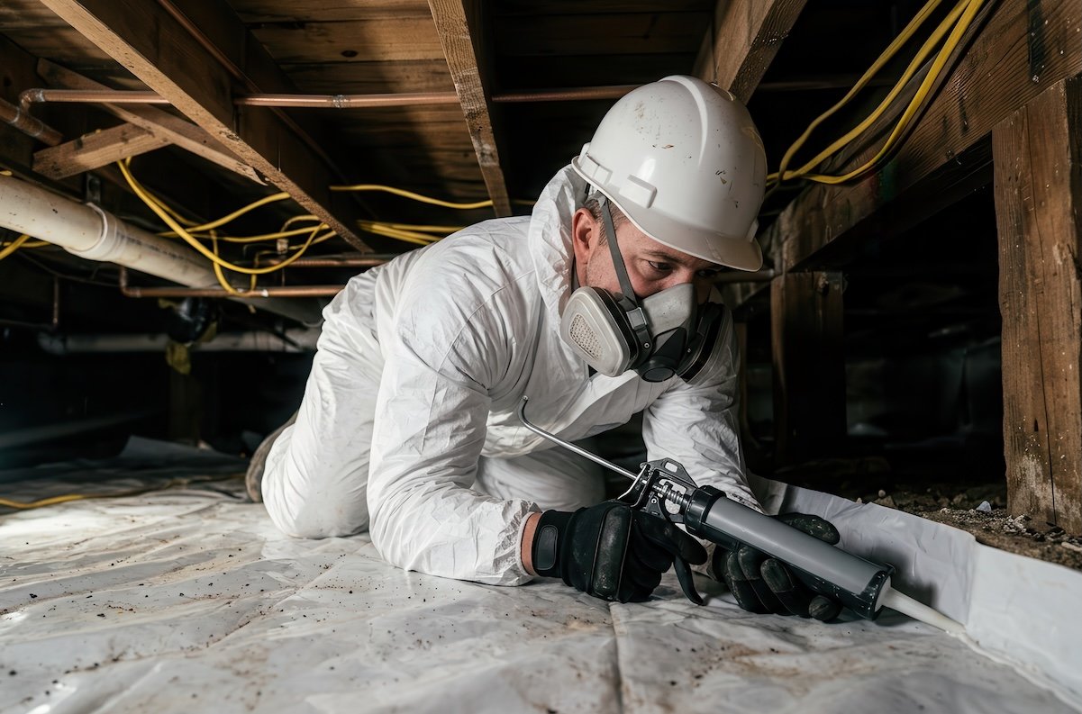 Man in tyvek suit and respirator seals encapsulated crawl space with caulk.