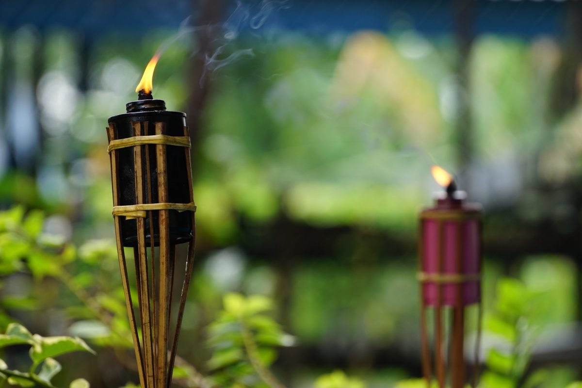 Bamboo citronella torches in a backyard