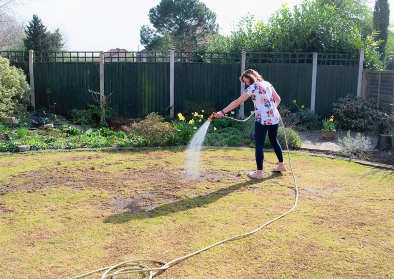 Woman watering a patchy lawn