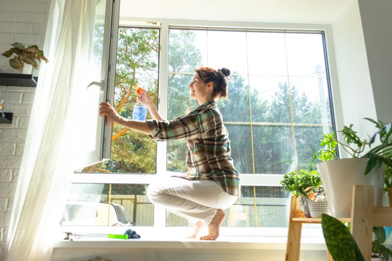 Woman cleaning the exterior of a window from the inside of her home