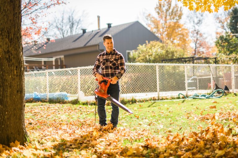 Man cleaning fallen leaves using a leaf blower on the lawn.