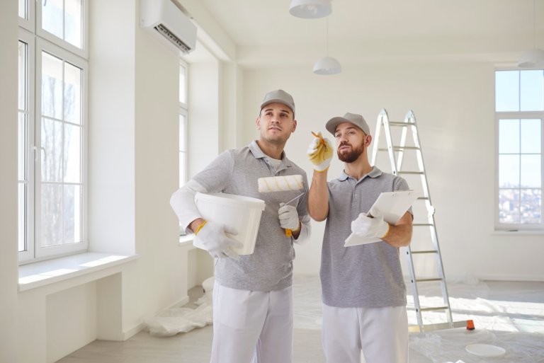 Two professional painters in uniform discussing how a house looks.