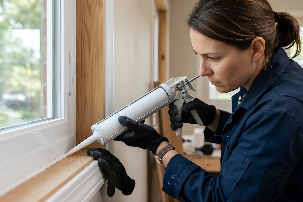 Professional woman applying silicone sealant to a window frame indoors