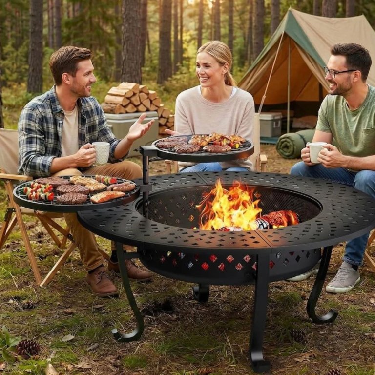 43_ Fire Pit, 3 in 1 Firepit with Adjustable 2 Grills for Patio, Party