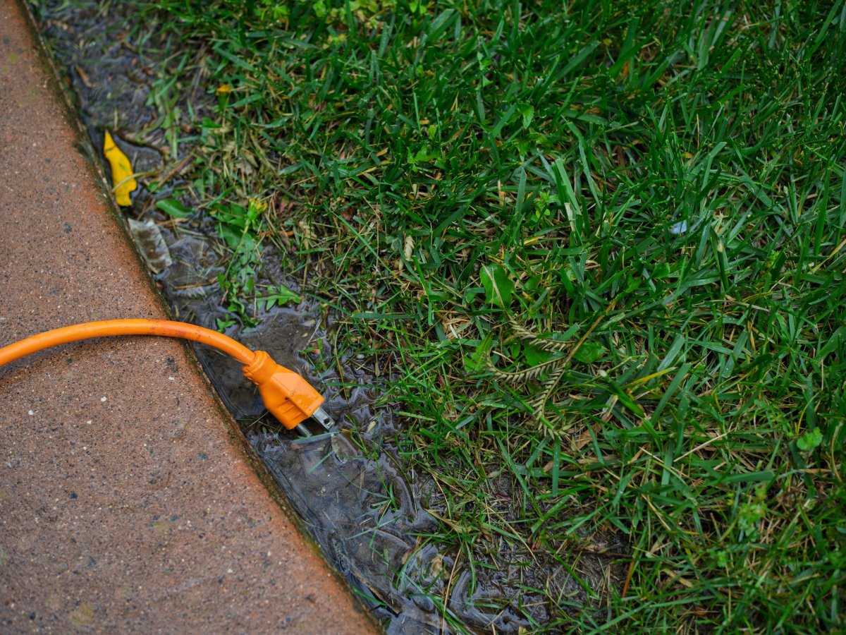 An extension cord in a puddle of standing water in a yard.