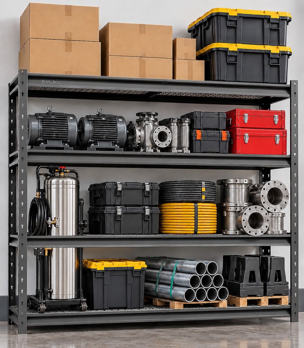 Atlas Shelving 7304K storage unit in a garage storing various heavy items.