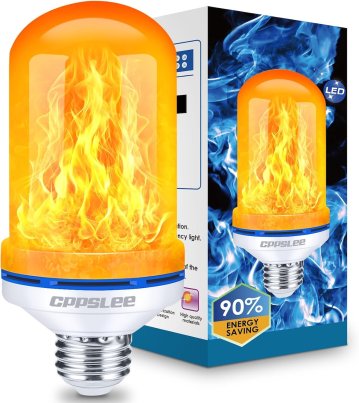 the CPPSLEE flame light bulb next to its packaging on a white background