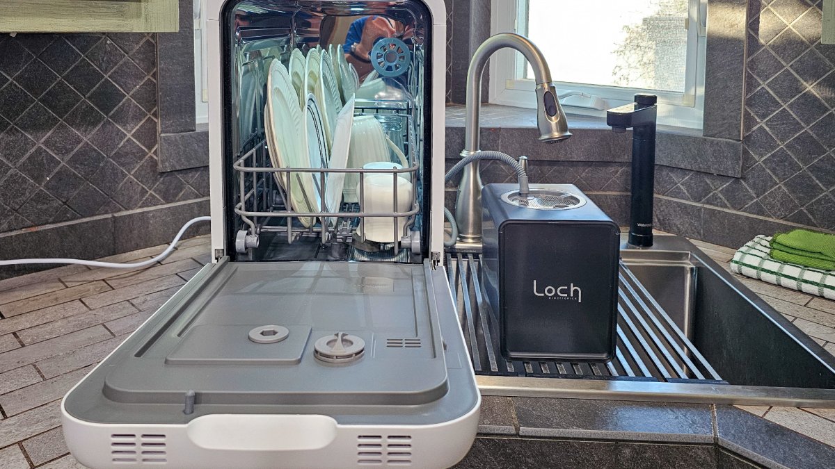 Dishes in the Loch Capsule Dishwasher before running