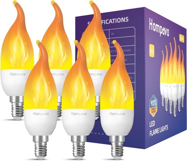 The Hompavo E12 LED Flame Light Bulbs and their packaging on a white background