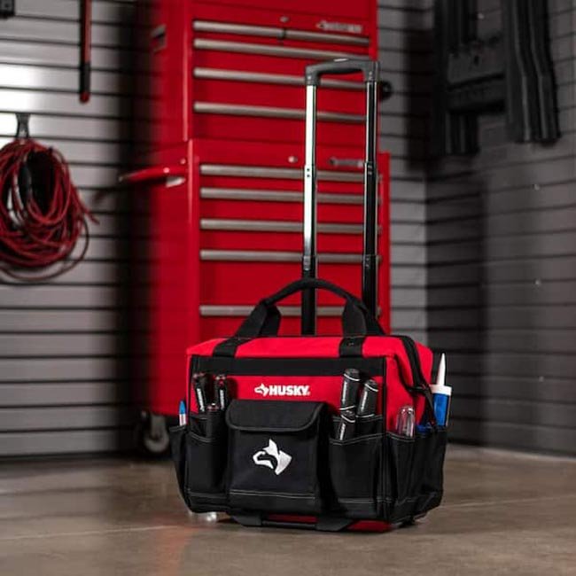 How to Organize Your Garage for Under 700 dollars Husky 18-Inch 18-Pocket Rolling Tool Bag